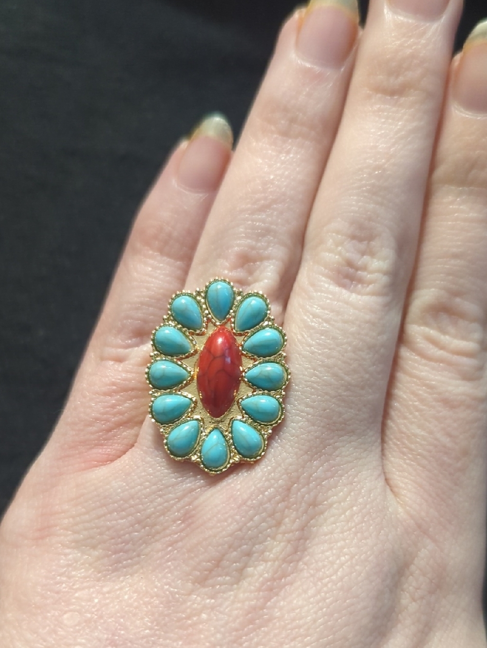 Gold Tone Turquoise Blue And Red Floral Flower Cluster Statement Ring - Size 7-9